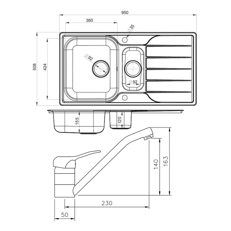 Leisure Albion 1.5 Bowl Stainless Steel Kitchen Sink with Aquaflow 1 Tap & Waste Kit 950mm L x 508mm W - Satin  | Dimension Image
