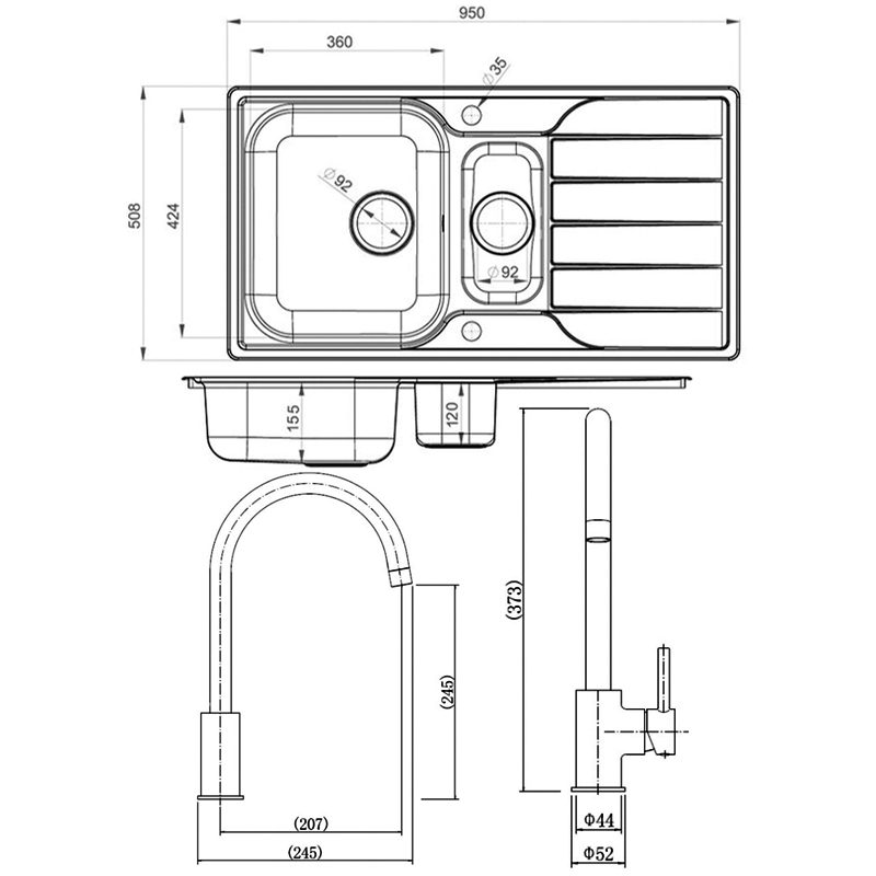 Leisure Albion 1.5 Bowl Stainless Steel Kitchen Sink with Aquaswan Single Tap & Waste Kit 950mm L x 508mm W - Satin