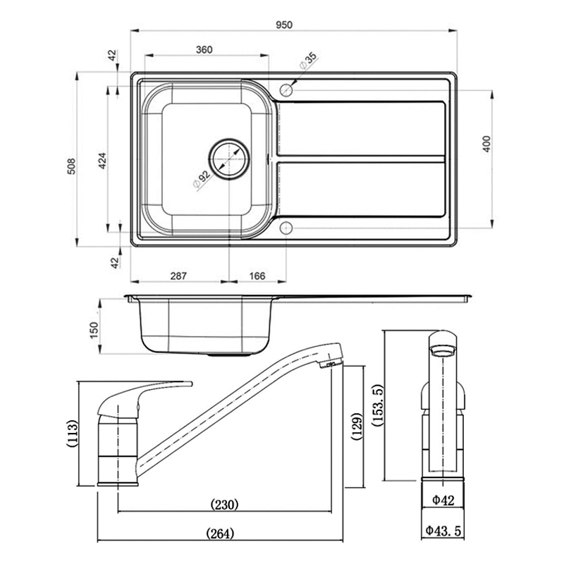 Leisure Aria 1.0 Bowl Stainless Steel Kitchen Sink with Aquamono 35 Tap & Waste Kit 950mm L x 508mm W - Satin