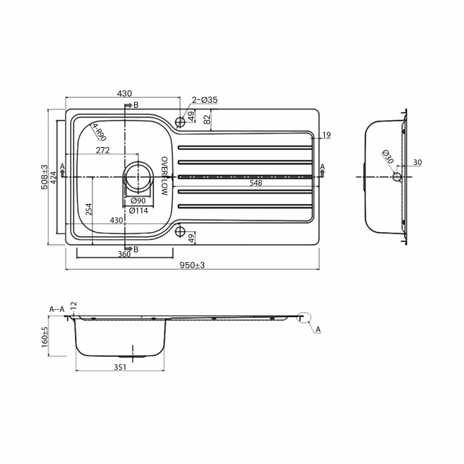 Leisure Atlanta 1.0 Bowl Stainless Steel Kitchen Sink 950mm L x 508mm W - Satin