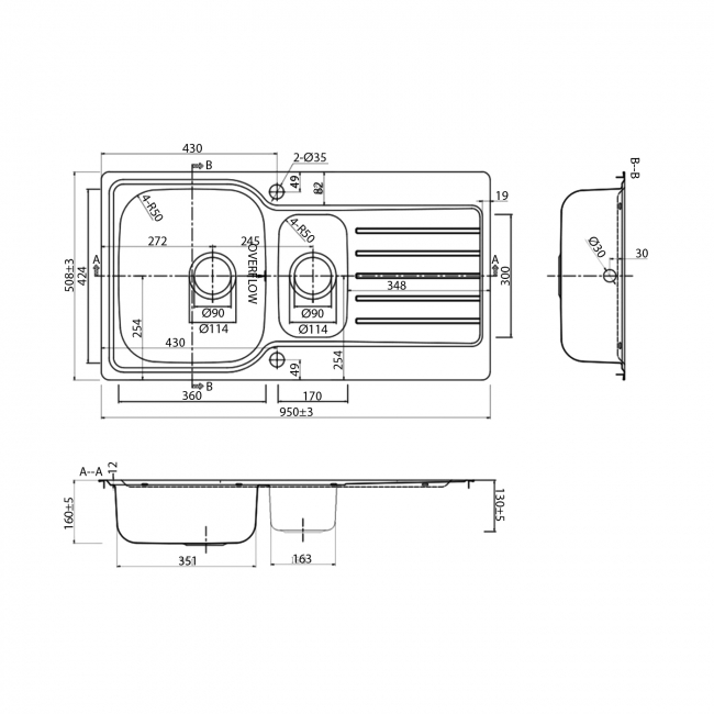 Leisure Atlanta 1.5 Bowl Stainless Steel Kitchen Sink 950mm L x 508mm W - Satin