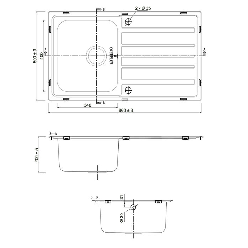 Leisure Axel 1.0 Bowl Stainless Steel Kitchen Sink with Waste Kit 860mm L x 500mm W - Satin  | Dimension Image