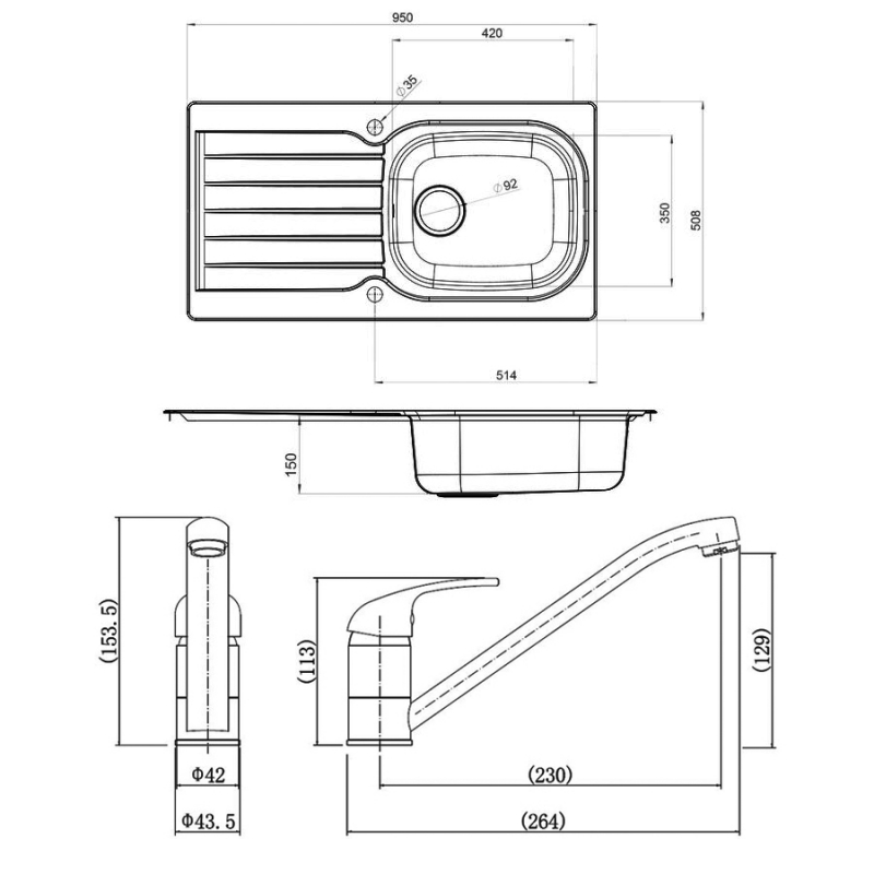 Leisure Eaton 1.0 Bowl Stainless Steel Kitchen Sink with Aquamono 35 Tap & Waste Kit 950mm L x 508mm W - Satin