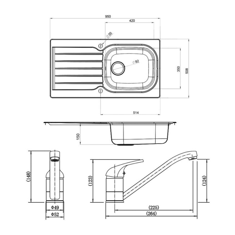 Leisure Eaton 1.0 Bowl Stainless Steel Kitchen Sink with Aquamono 40 Tap & Waste Kit 950mm L x 508mm W - Satin