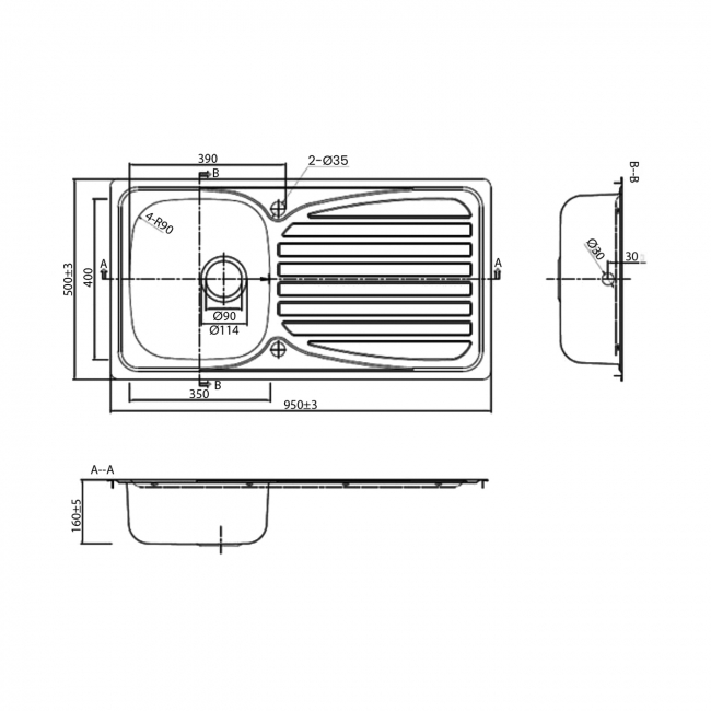 Leisure Euroline Plus 1.0 Bowl Stainless Steel Kitchen Sink 950mm L x 500mm W - Satin