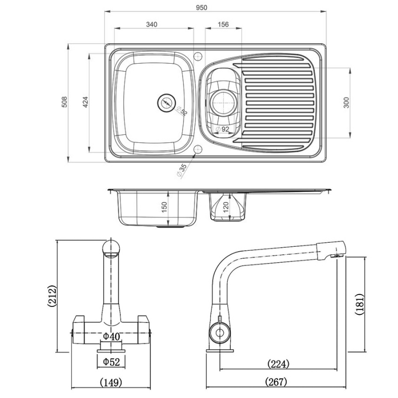 Leisure Euroline 1.5 Bowl Stainless Steel Kitchen Sink with Aquadrift Tap & Waste Kit 950mm L x 508mm W - Satin  | Dimension Image