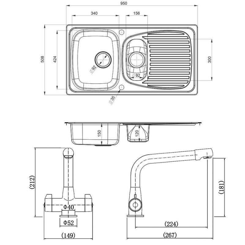 Leisure Euroline 1.5 Bowl Stainless Steel Kitchen Sink with Aquadrift Tap & 2x89mm Waste Kit 950mm L x 508mm W - Polished