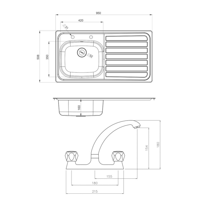 Leisure Lexin 1.0 Bowl Stainless Steel Kitchen Sink with RH Drainer Deck Mounted Tap & Waste Kit 950mm L x 508mm W 2TH - Satin  | Dimension Image