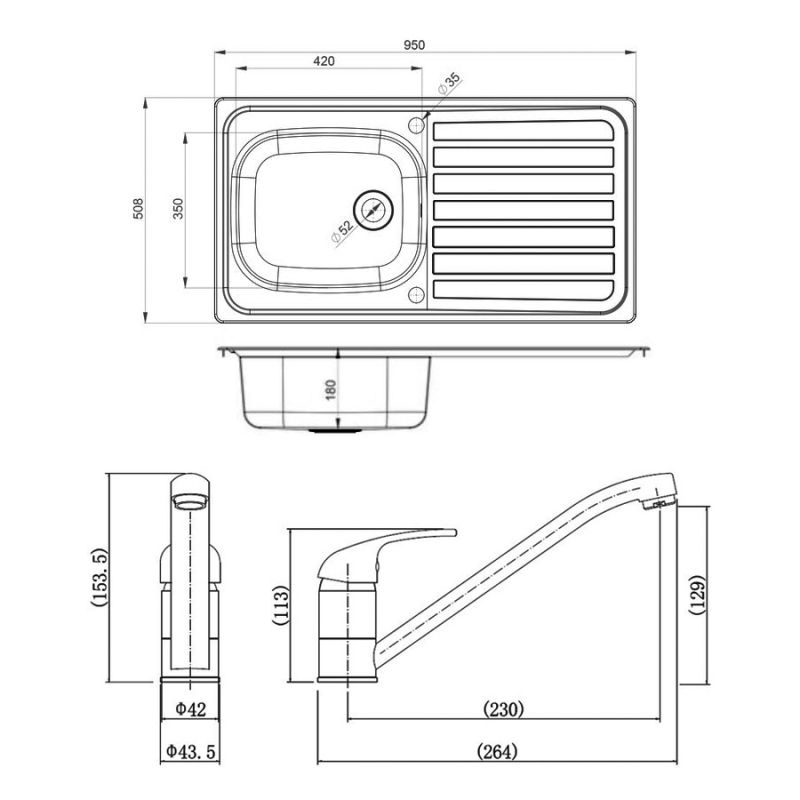 Leisure Lexin 1.0 Bowl Stainless Steel Kitchen Sink With Aquamono 35 Tap & Waste Kit 950mm L x 508mm W 0.9 Gauge Steel - Satin