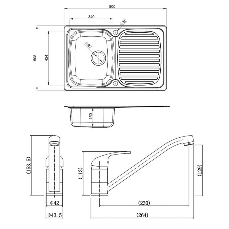 Leisure Linear 1.0 Bowl Stainless Steel Kitchen Sink with Aquamono 35 Tap & Waste Kit 800mm L x 508mm W - Satin