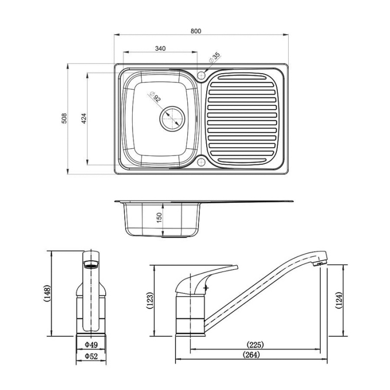 Leisure Linear 1.0 Bowl Stainless Steel Kitchen Sink with Aquamono 40 Tap & Waste Kit 800mm L x 508mm W - Satin