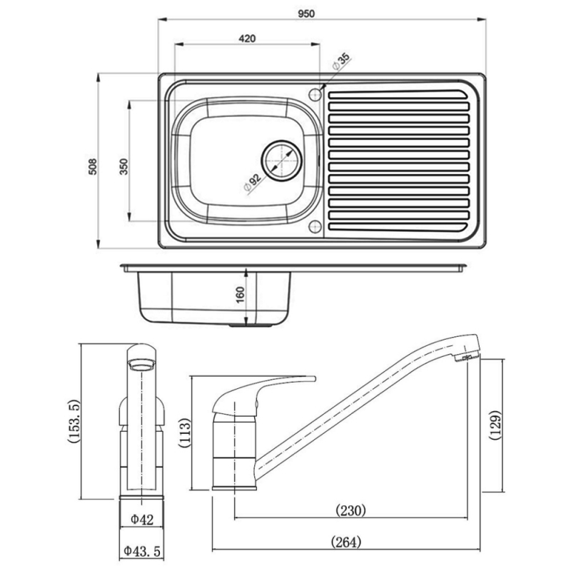 Leisure Linear 1.0 Bowl Stainless Steel Kitchen Sink with Aquamono 35 Tap & 92mm Hole Waste Kit 950mm L x 508mm W - Satin