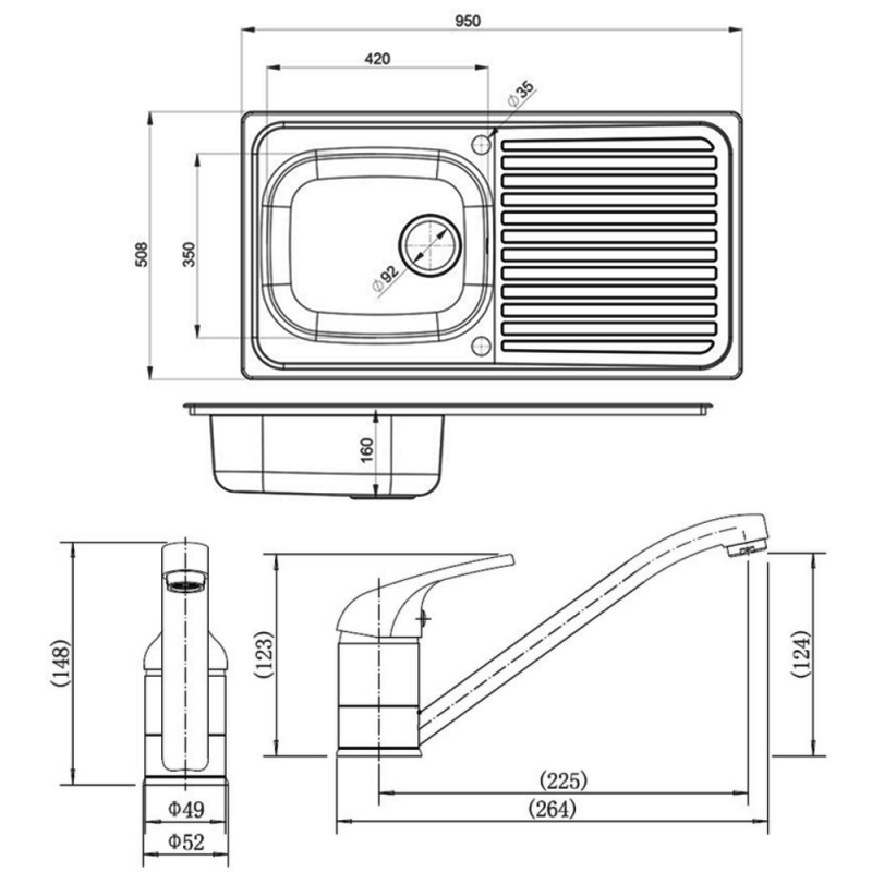 Leisure Linear 1.0 Bowl Stainless Steel Kitchen Sink with Aquamono 40 Tap & 92mm Hole Waste Kit 950mm L x 508mm W - Satin