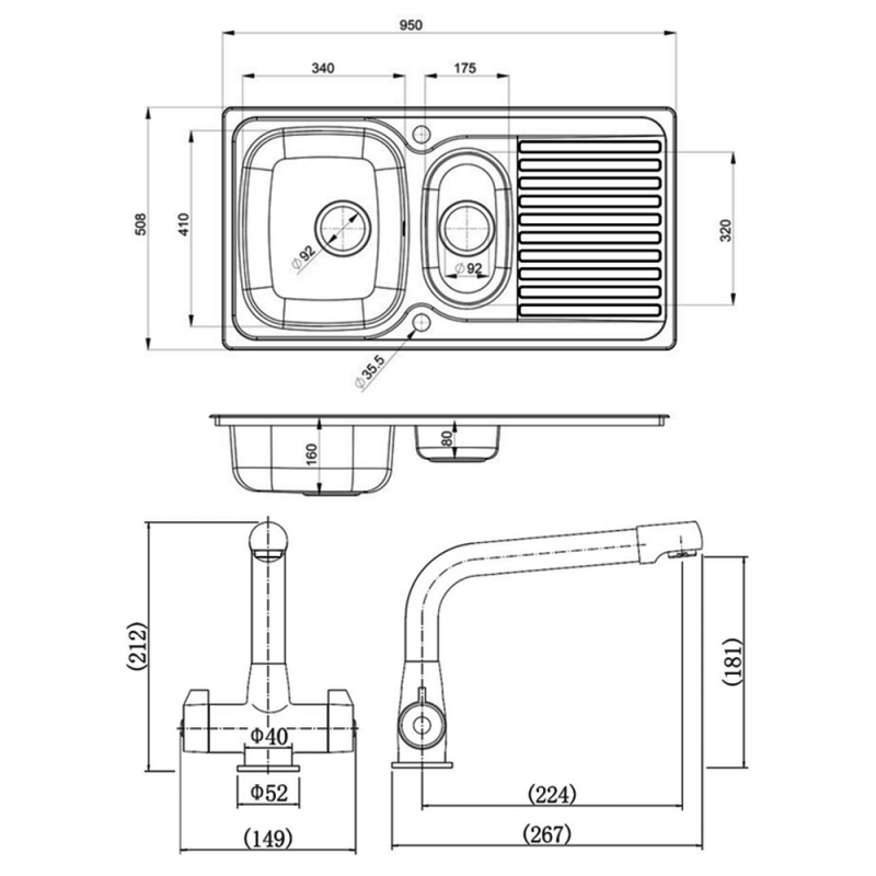 Leisure Linear 1.5 Bowl Stainless Steel Kitchen Sink Aquadrift Tap & Waste Kit 950mm L x 508mm W - Satin