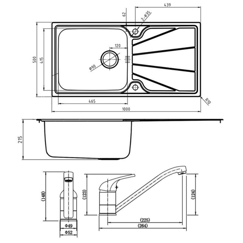 Leisure Nimbus 1.0 Bowl Stainless Steel Kitchen Sink with Aquamono 40 Tap & Waste Kit 1000mm L x 500mm W - Polished
