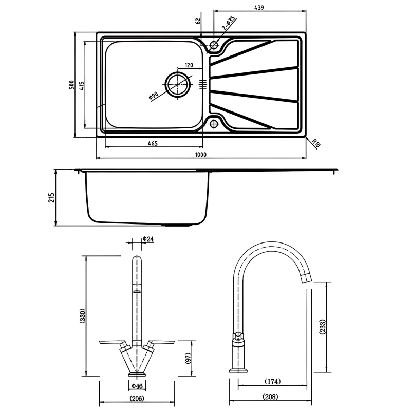 Leisure Nimbus 1.0 Bowl Stainless Steel Kitchen Sink with Aquatwin Tap & Waste Kit 1000mm L x 500mm W - Polished  | Dimension Image
