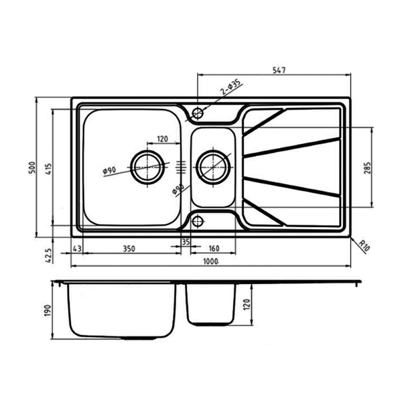 Leisure Nimbus 1.5 Bowl Stainless Steel Kitchen Sink with Waste Kit 1000mm L x 500mm W - Polished