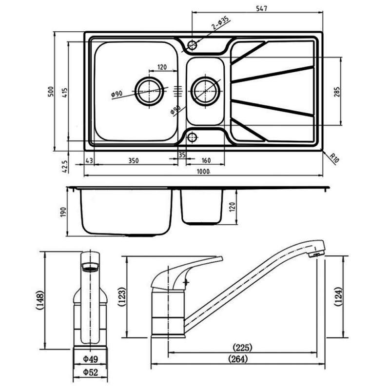 Leisure Nimbus 1.5 Bowl Stainless Steel Kitchen Sink with Aquamono 40 Tap & Waste Kit 1000mm L x 500mm W - Polished  | Dimension Image