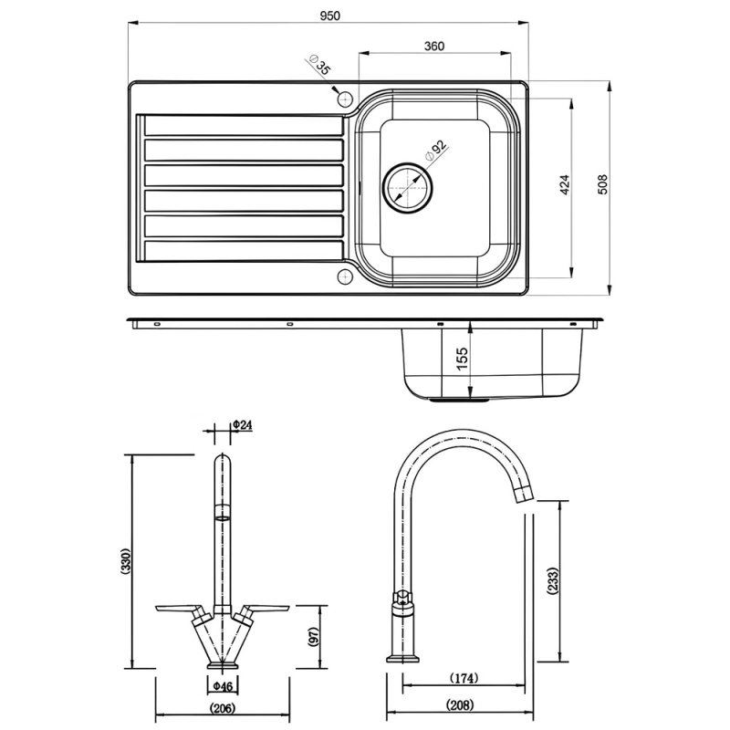 Leisure Seattle 1.0 Bowl Stainless Steel Kitchen Sink with Aquatwin Tap & Waste Kit 950mm L x 508mm W - Polished