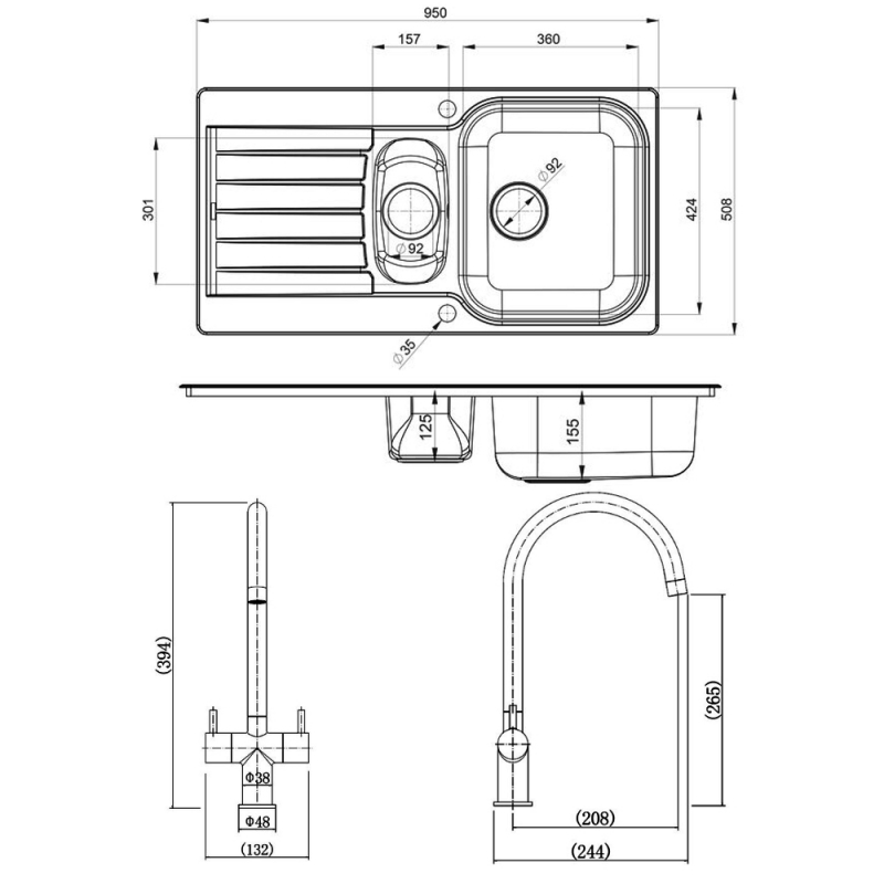 Leisure Seattle 1.5 Bowl Stainless Steel Kitchen Sink with Aquaswan Dual Tap & Waste Kit 950mm L x 508mm W - Polished