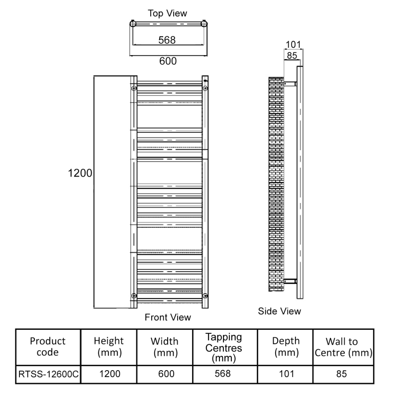 MaxHeat Camborne Curved Heated Towel Rail 1200mm H x 600mm W Stainless Steel