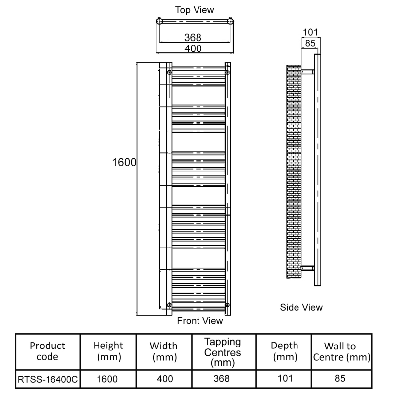 MaxHeat Camborne Curved Towel Rail 1600mm High x 400mm Wide Polished Stainless Steel
