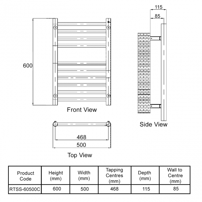 MaxHeat Camborne Curved Towel Rail 600mm High x 500mm Wide Polished Stainless Steel