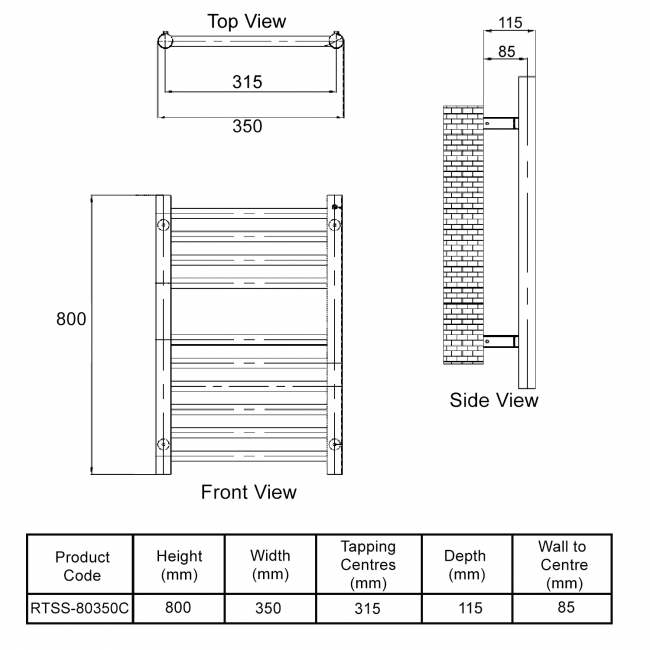MaxHeat Camborne Curved Heated Towel Rail 800mm H x 350mm W Stainless Steel