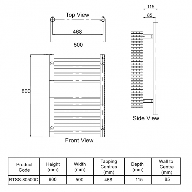 MaxHeat Camborne Curved Heated Towel Rail 800mm H x 500mm W Stainless Steel