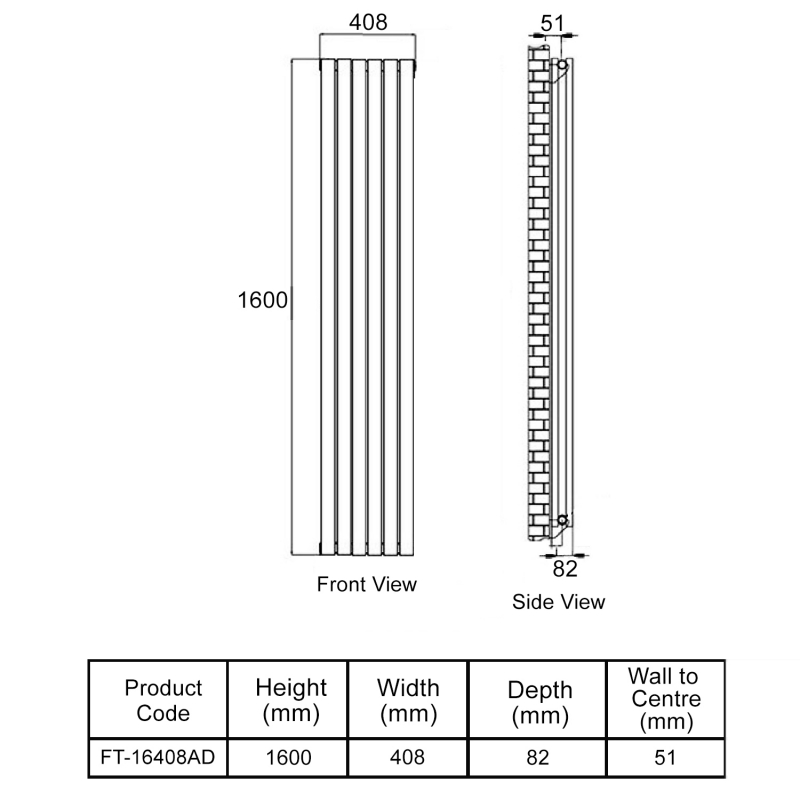 MaxHeat Deshima Double Vertical Radiator 1600mm High x 408mm Wide Black