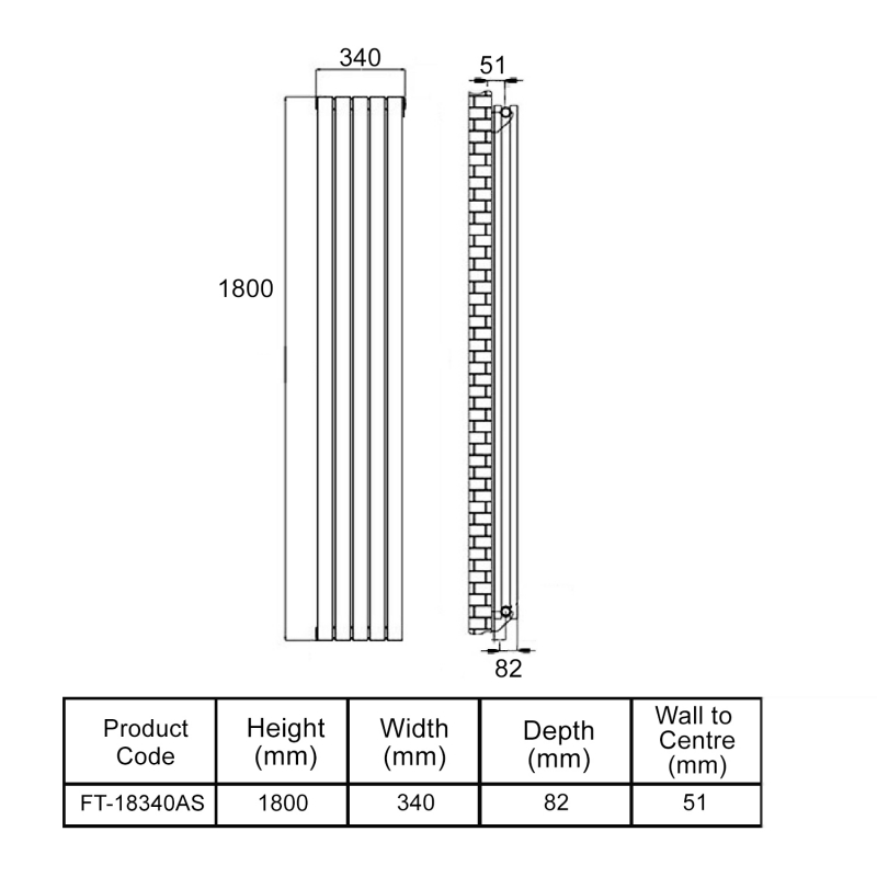 MaxHeat Deshima Single Vertical Radiator 1800mm High x 340mm Wide Black