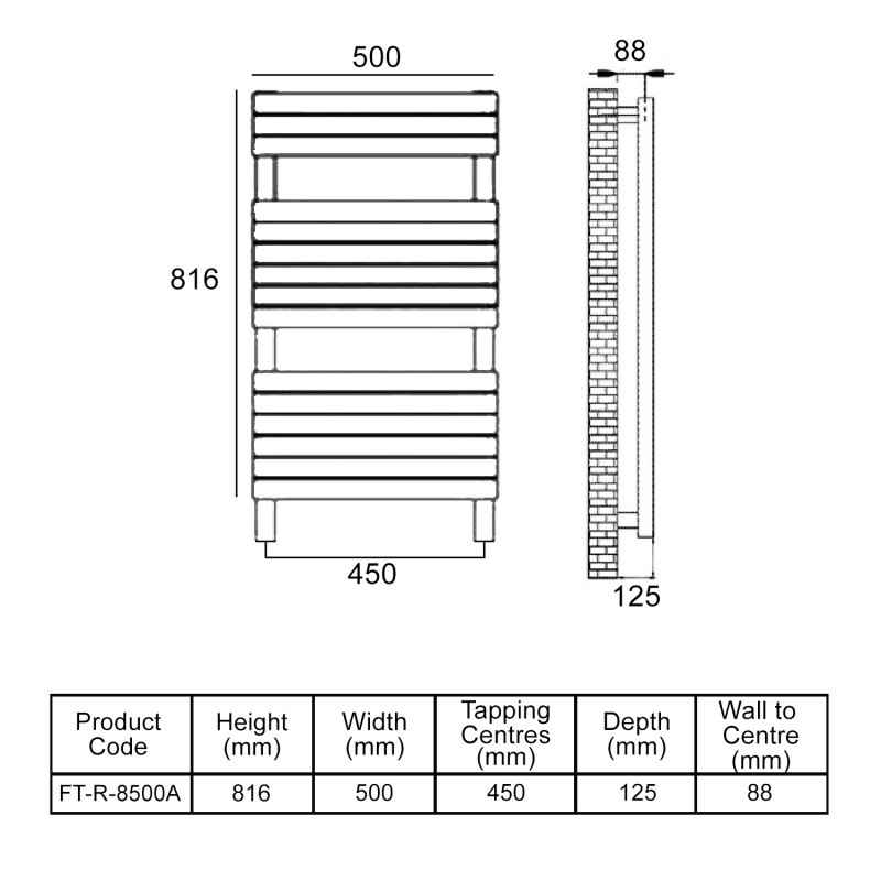 MaxHeat Deshima Vertical Towel Rail 816mm High x 500mm Wide Black