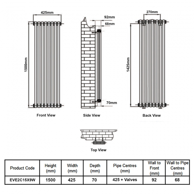 MaxHeat Evesham White 2-Column Vertical Radiator 1500mm (H) x 425mm (W)