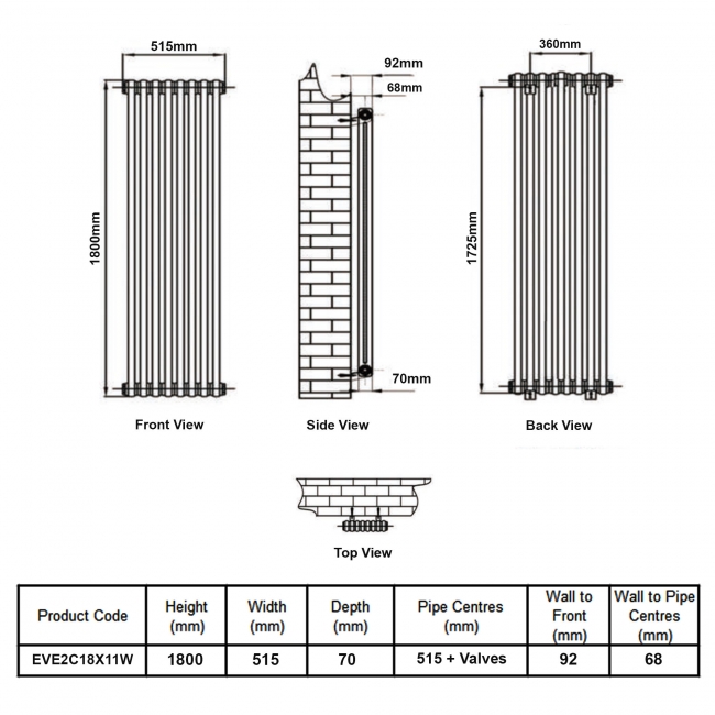 MaxHeat Evesham White 2-Column Vertical Radiator 1800mm (H) x 515mm (W)  | Dimension Image