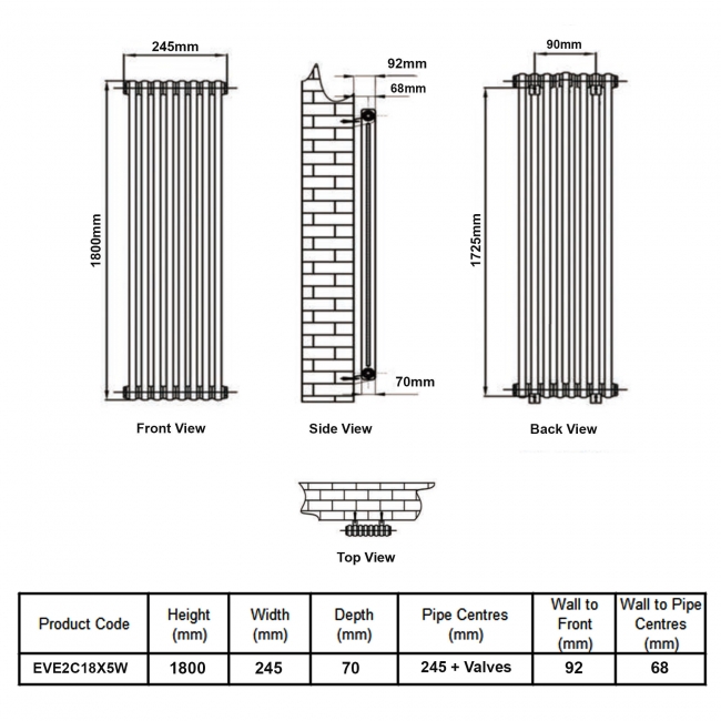 MaxHeat Evesham White 2-Column Vertical Radiator 1800mm (H) x 245mm (W)  | Dimension Image