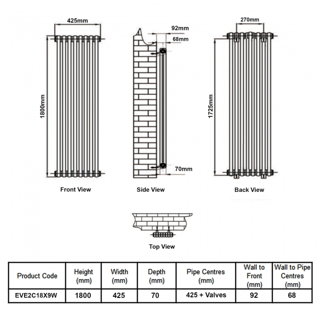 MaxHeat Evesham White 2-Column Vertical Radiator 1800mm (H) x 425mm (W)  | Dimension Image
