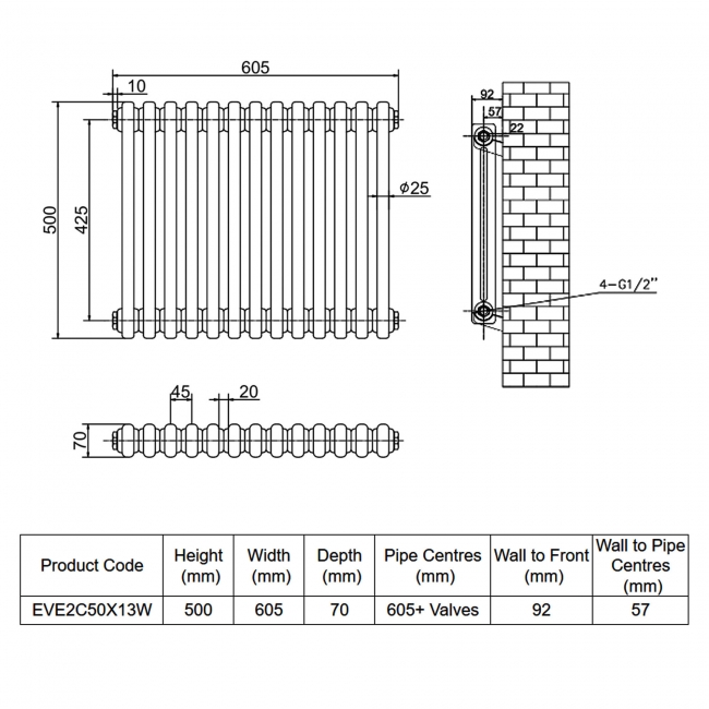 MaxHeat Evesham White 2-Column Horizontal Radiator 500mm (H) x 605mm (W)  | Dimension Image