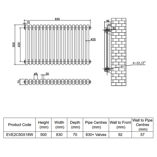 MaxHeat Evesham White 2-Column Horizontal Radiator 500mm (H) x 830mm (W)  | Dimension Image