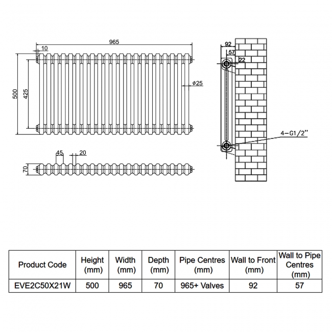 MaxHeat Evesham White 2-Column Horizontal Radiator 500mm (H) x 965mm (W)  | Dimension Image