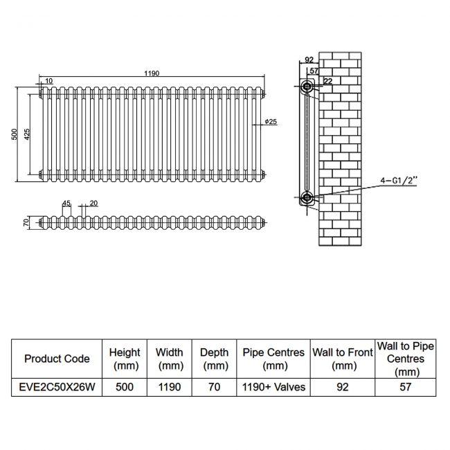 MaxHeat Evesham White 2-Column Horizontal Radiator 500mm (H) x 1190mm (W)  | Dimension Image