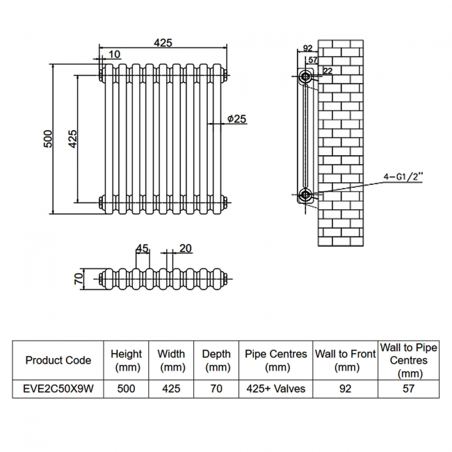 MaxHeat Evesham White 2-Column Horizontal Radiator 500mm (H) x 425mm (W)