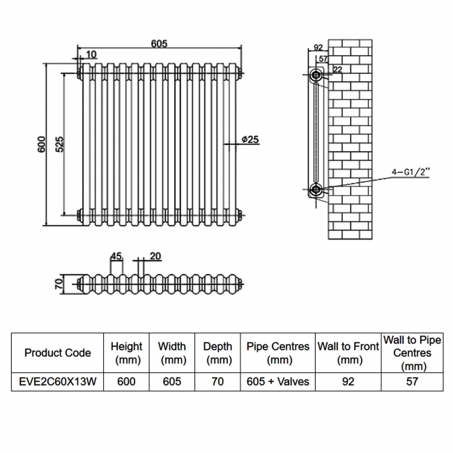 MaxHeat Evesham White 2-Column Horizontal Radiator 600mm (H) x 605mm (W)  | Dimension Image