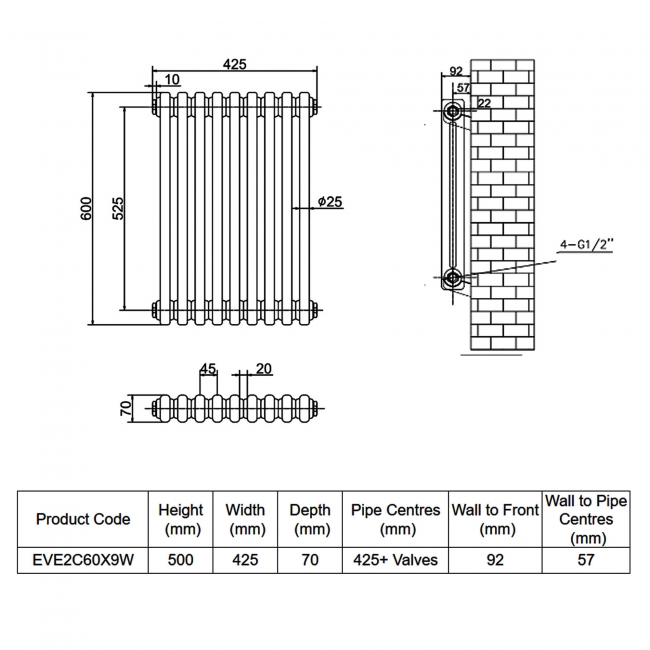 MaxHeat Evesham White 2-Column Horizontal Radiator 600mm (H) x 425mm (W)  | Dimension Image