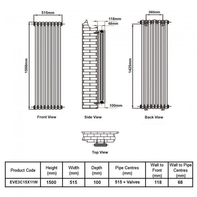 MaxHeat Evesham White 3-Column Vertical Radiator 1500mm (H) x 515mm (W)  | Dimension Image