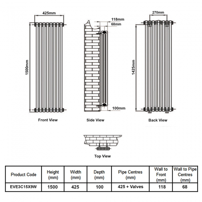 MaxHeat Evesham White 3-Column Vertical Radiator 1500mm (H) x 425mm (W)  | Dimension Image