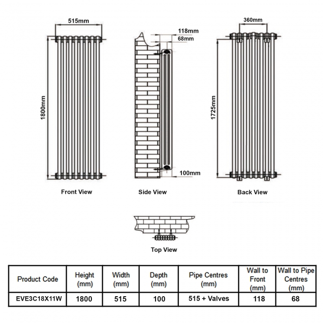 MaxHeat Evesham White 3-Column Vertical Radiator 1800mm (H) x 515mm (W)  | Dimension Image