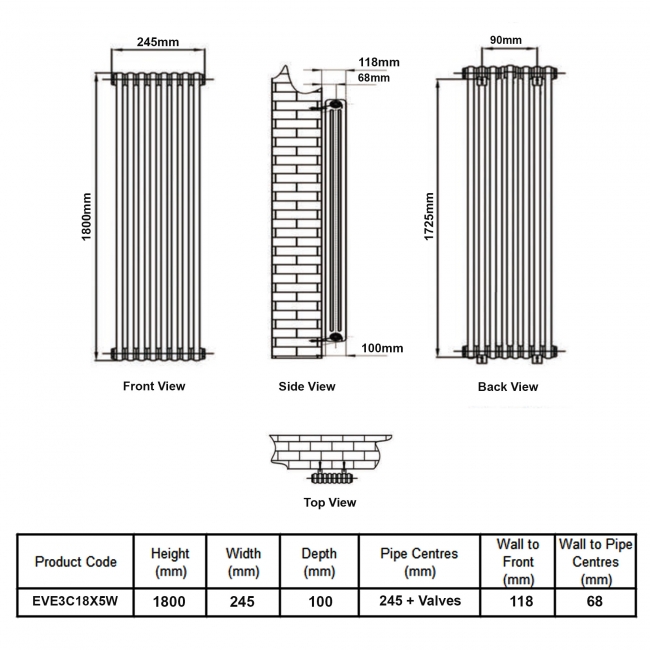 MaxHeat Evesham White 3-Column Vertical Radiator 1800mm (H) x 245mm (W)  | Dimension Image
