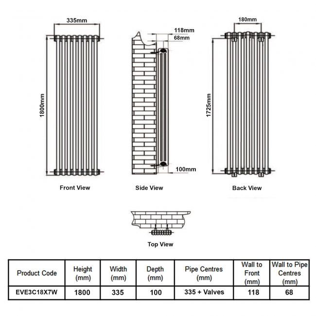 MaxHeat Evesham White 3-Column Vertical Radiator 1800mm (H) x 335mm (W)  | Dimension Image