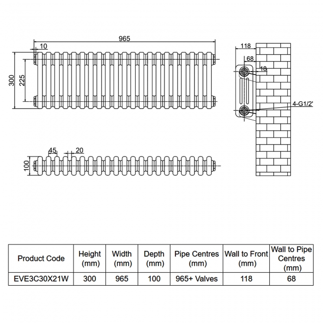 MaxHeat Evesham White 3-Column Horizontal Radiator 300mm (H) x 965mm (W)  | Dimension Image