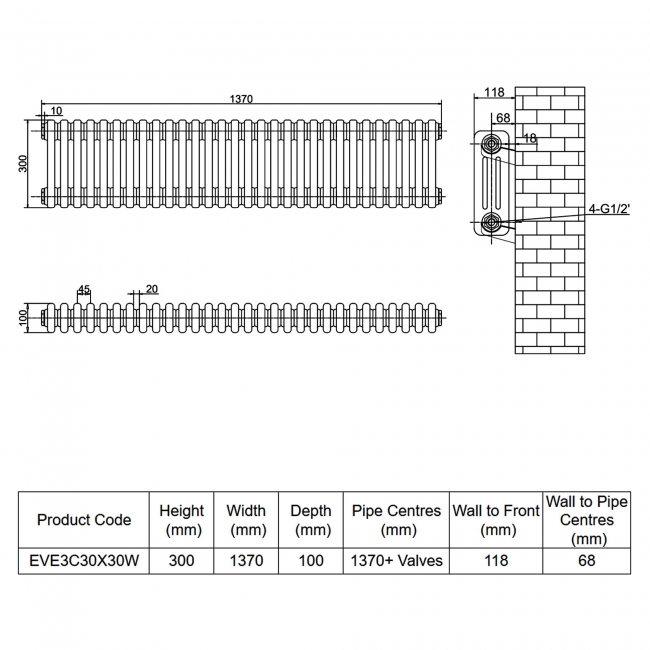 MaxHeat Evesham White 3-Column Horizontal Radiator 300mm (H) x 1370mm (W)  | Dimension Image